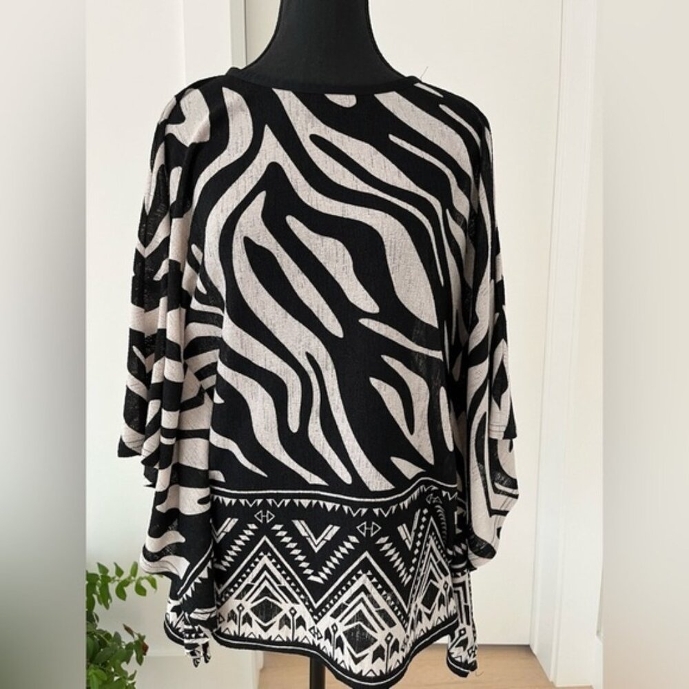 JOSEPH RIBKOFF Blouse Zebra Aztec Pattern Neutral Butterfly Sleeves Travel Chic